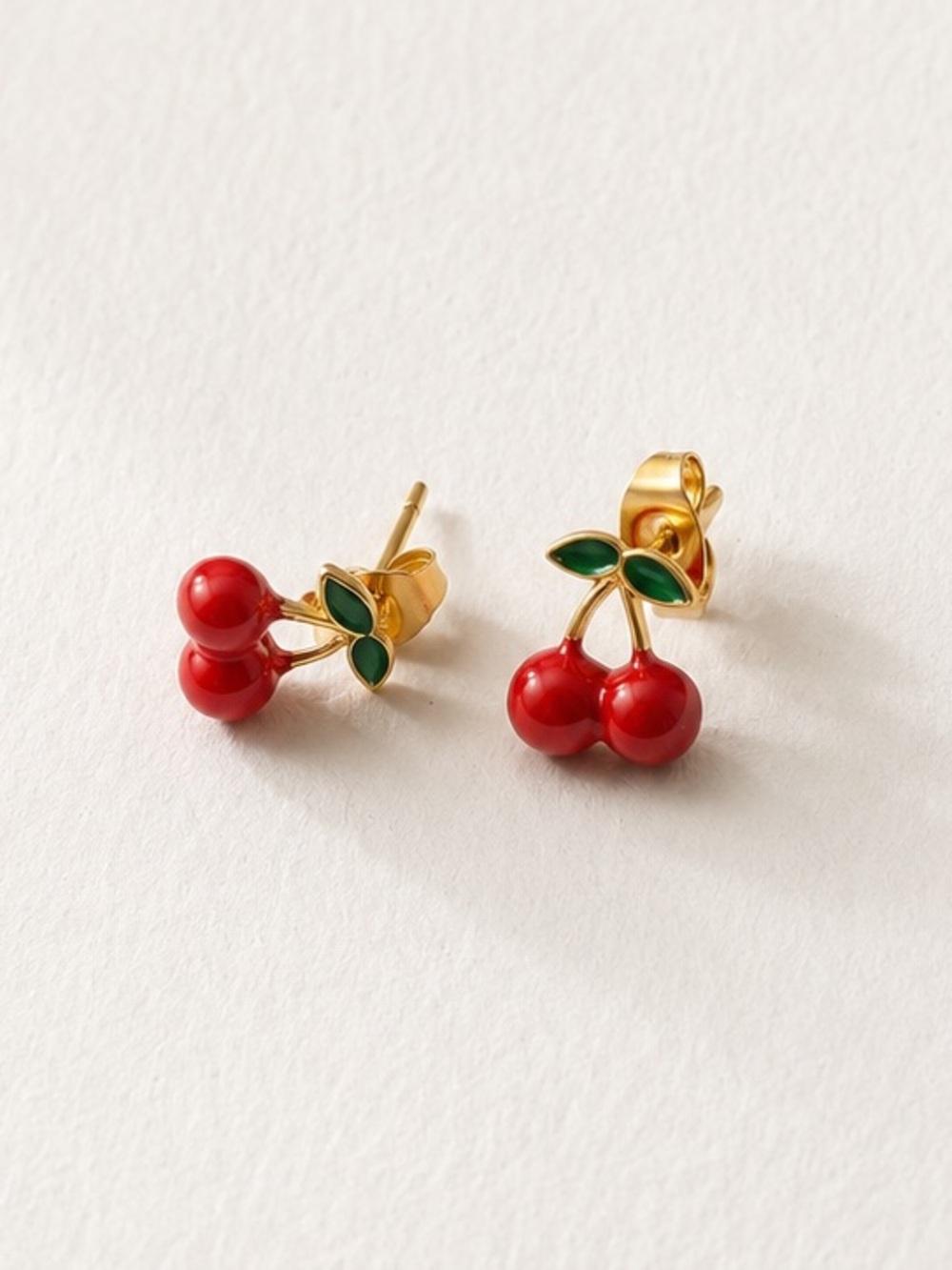 18K Gold Plated PVD Cherry Stud Earrings with Red and Green Enamel